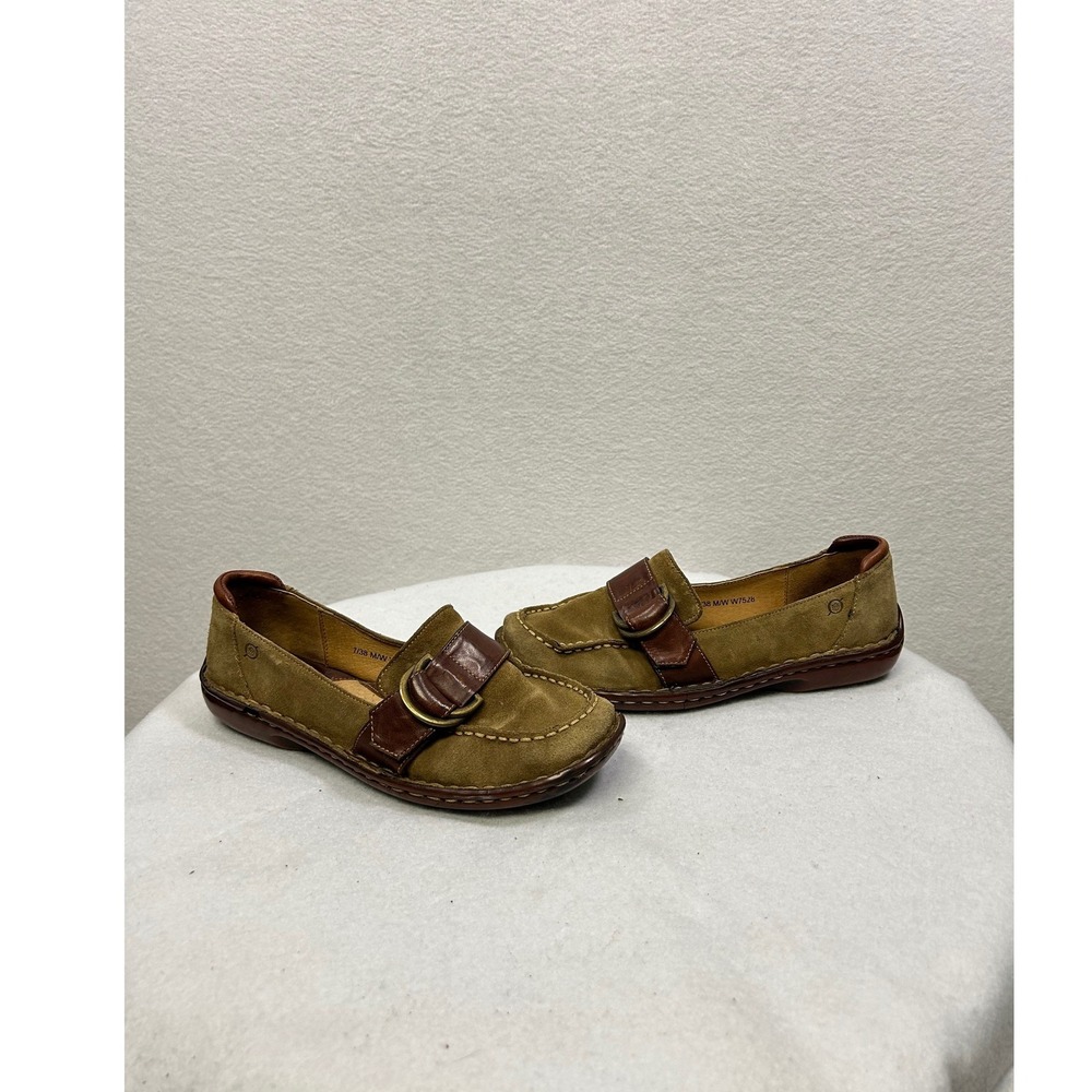 Born Suede Loafers Womens 7 Brown Tan Leather Buckle Slip On Shoes